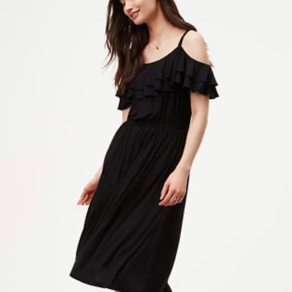 Loft Black Tall Ruffle Cold Shoulder Dress S - Picture 1 of 7